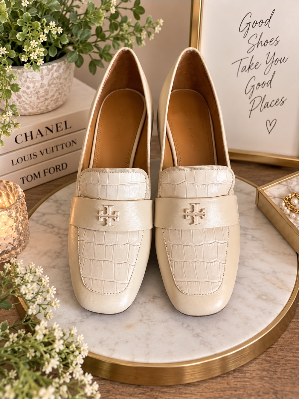 Tory Burch Cream Croc-Embossed Leather Short-Heel Loafers with Logo Plaque